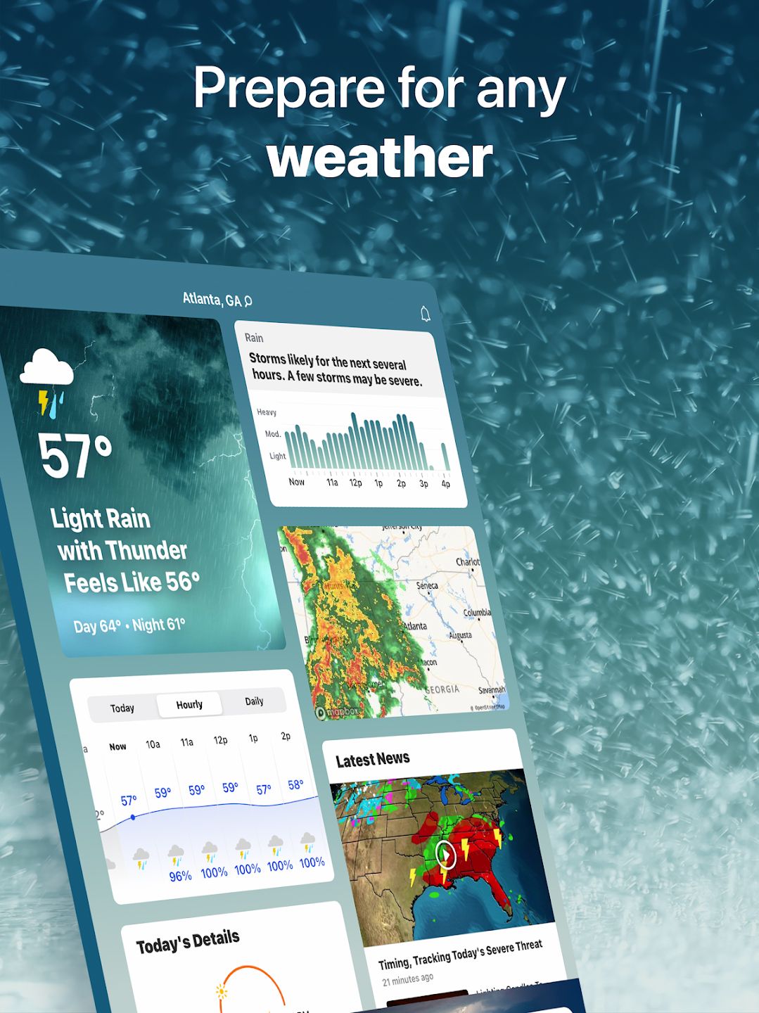 Spanduk menampilkan layar beranda aplikasi The Weather Channel
