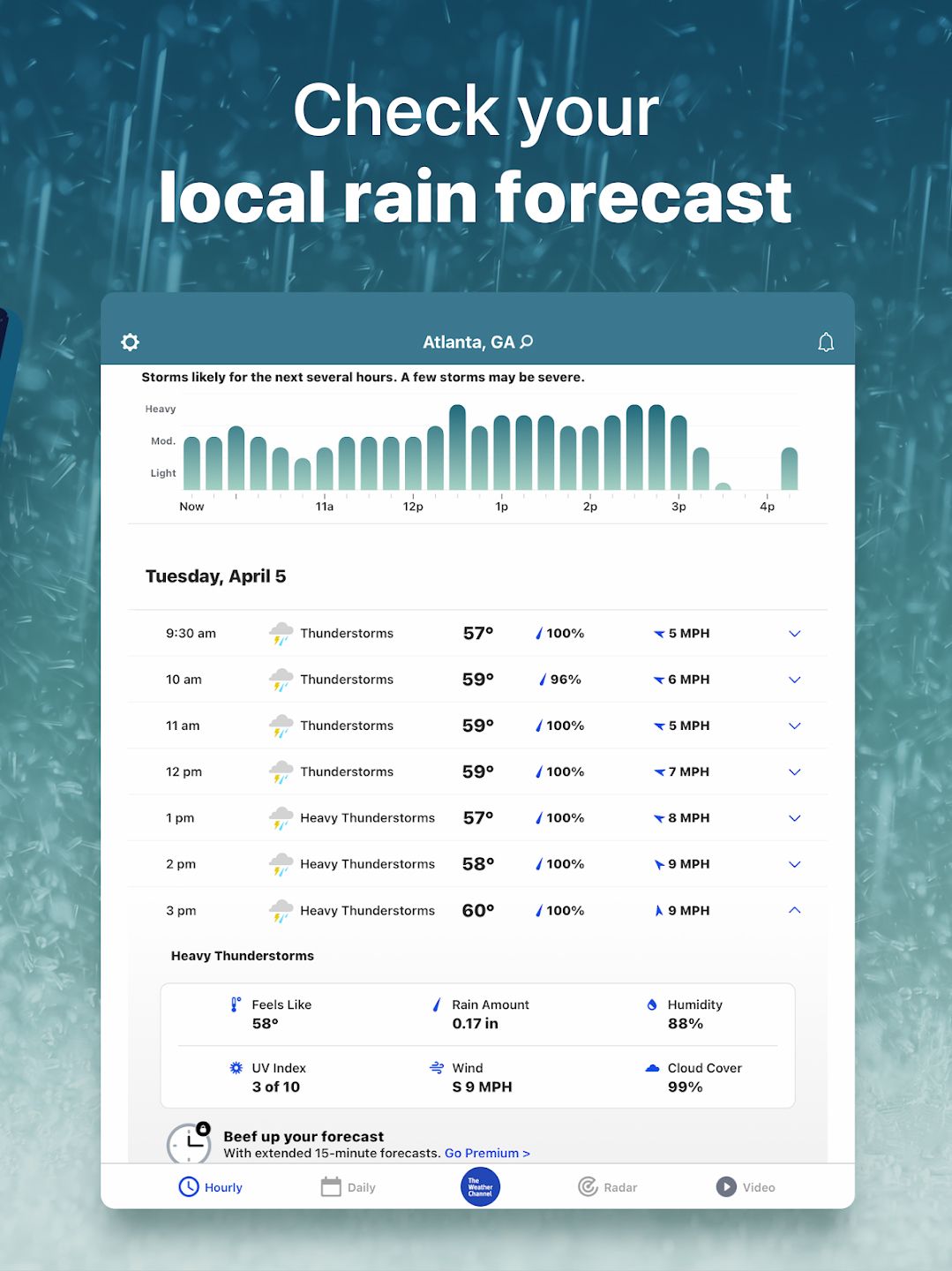 Spanduk yang menunjukkan prakiraan hujan The Weather Channel