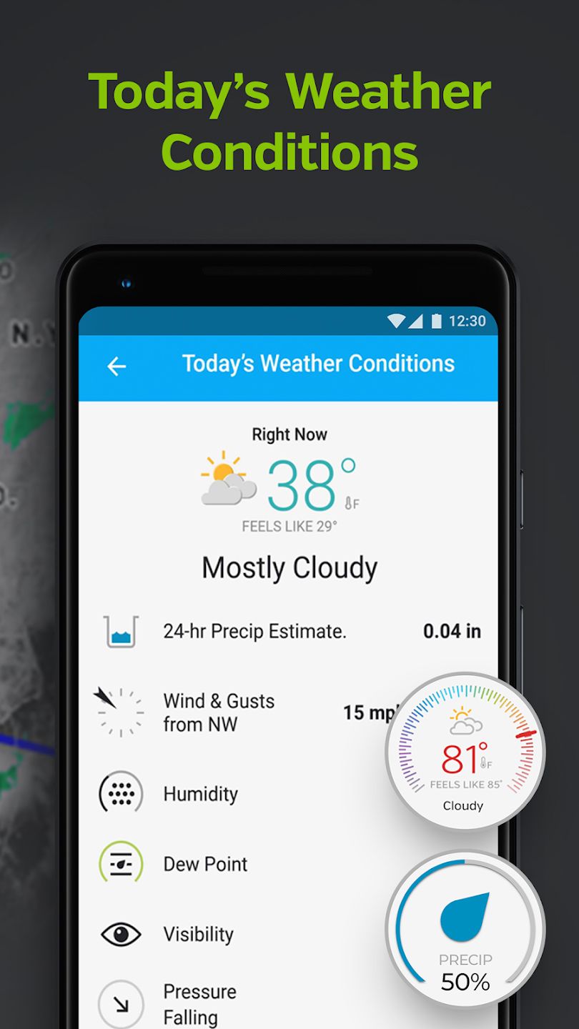 Spanduk yang menampilkan layar kondisi Weather Underground saat ini