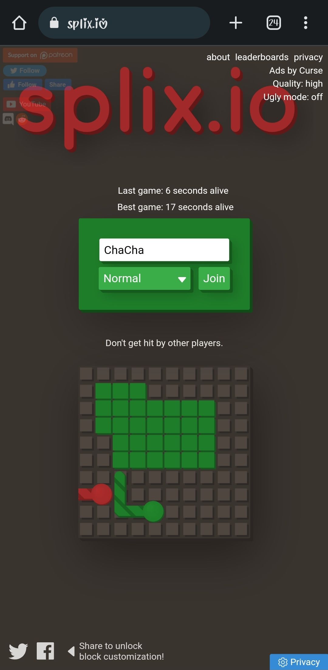 Screenshot of the Splix.io web-based game home screen in mobile browser.