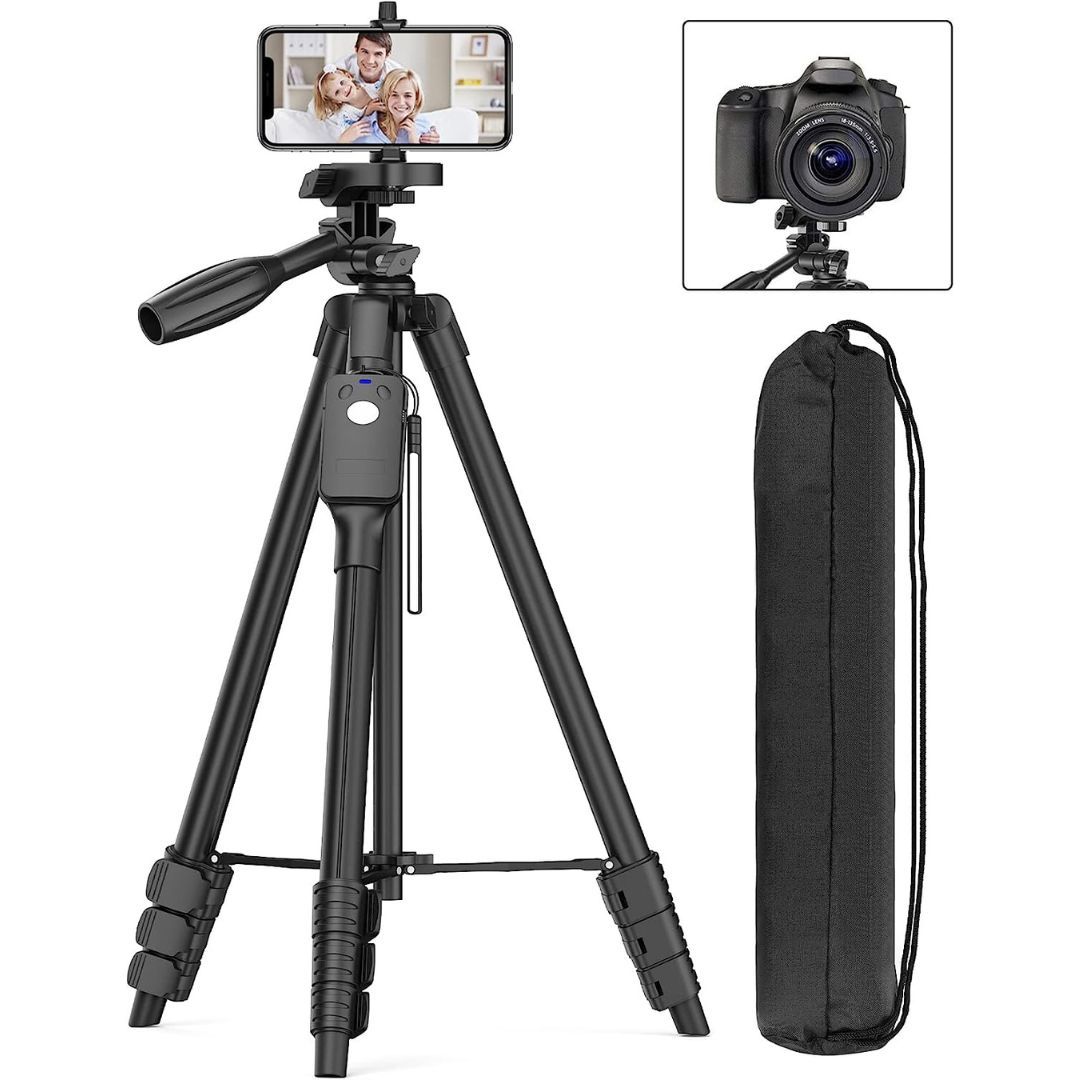 xxzu 60 inch tripod with smartphone attached, carrying case, and inset image with camera attached