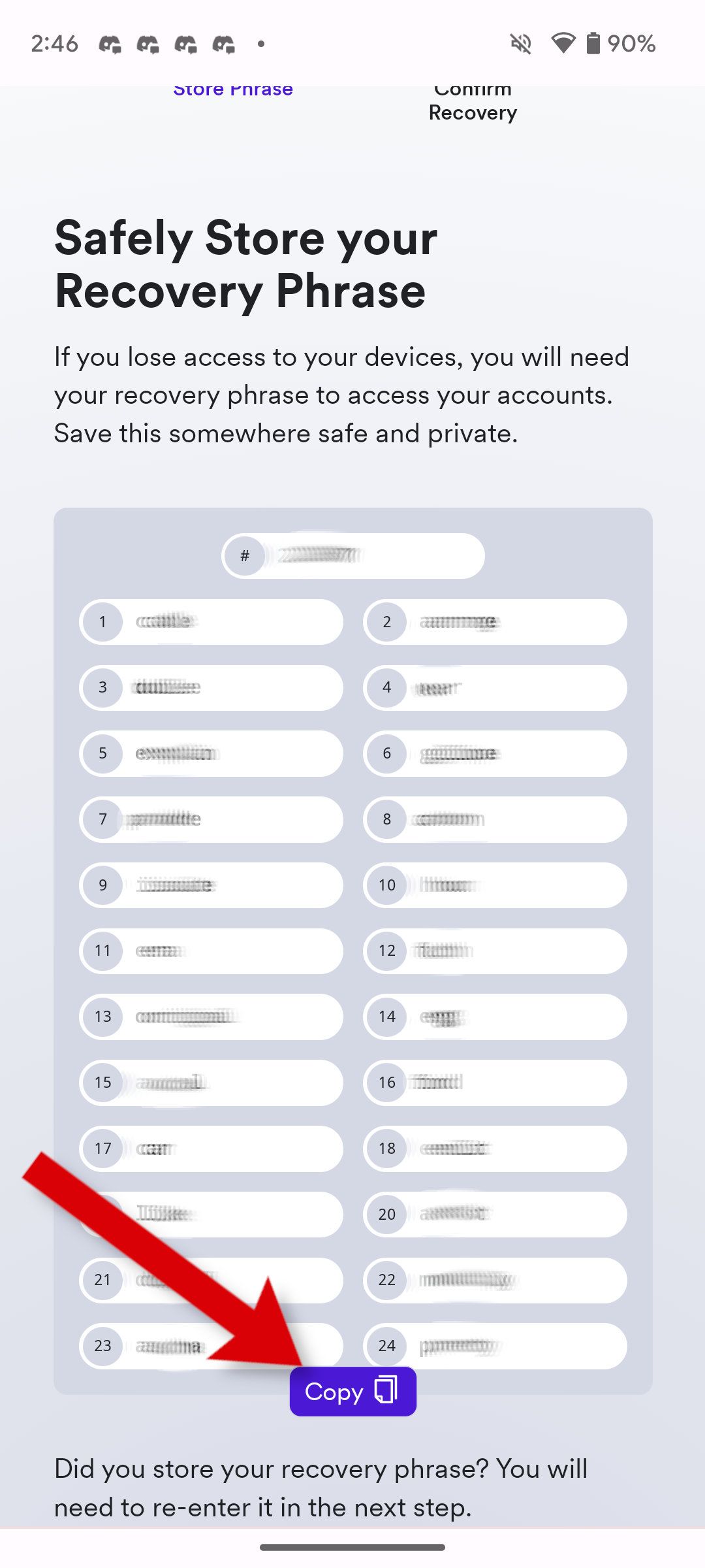 saving a recovery phrase,