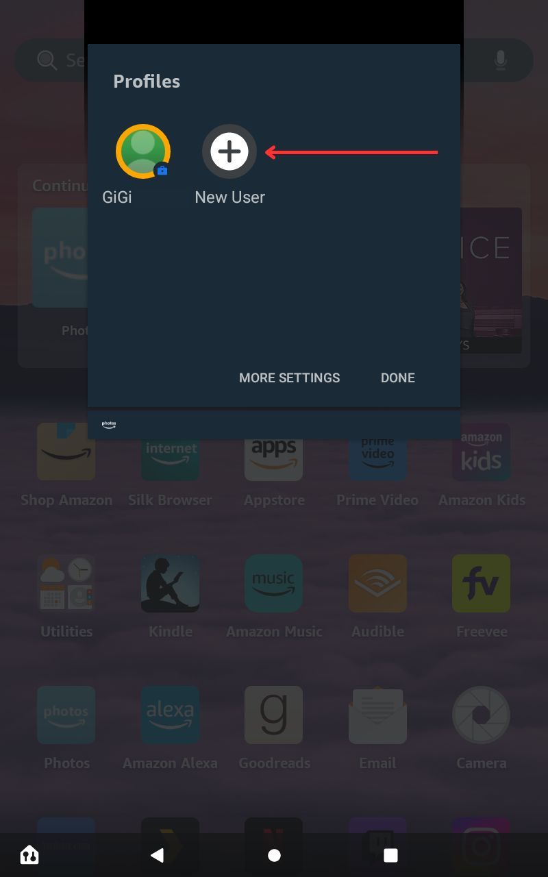 Screenshot of the add new user button on Fire tablet.