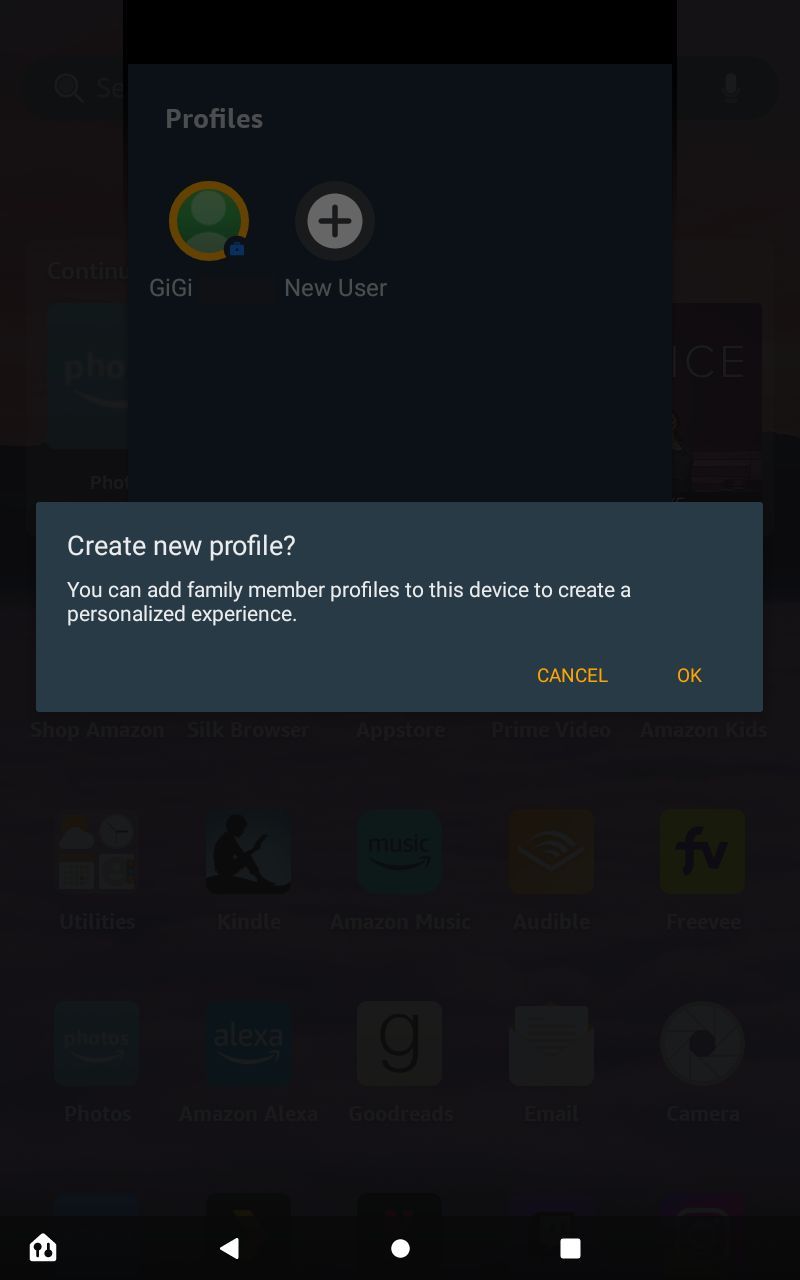 Screenshot of the confirmation message to create a new profile on Fire tablet.