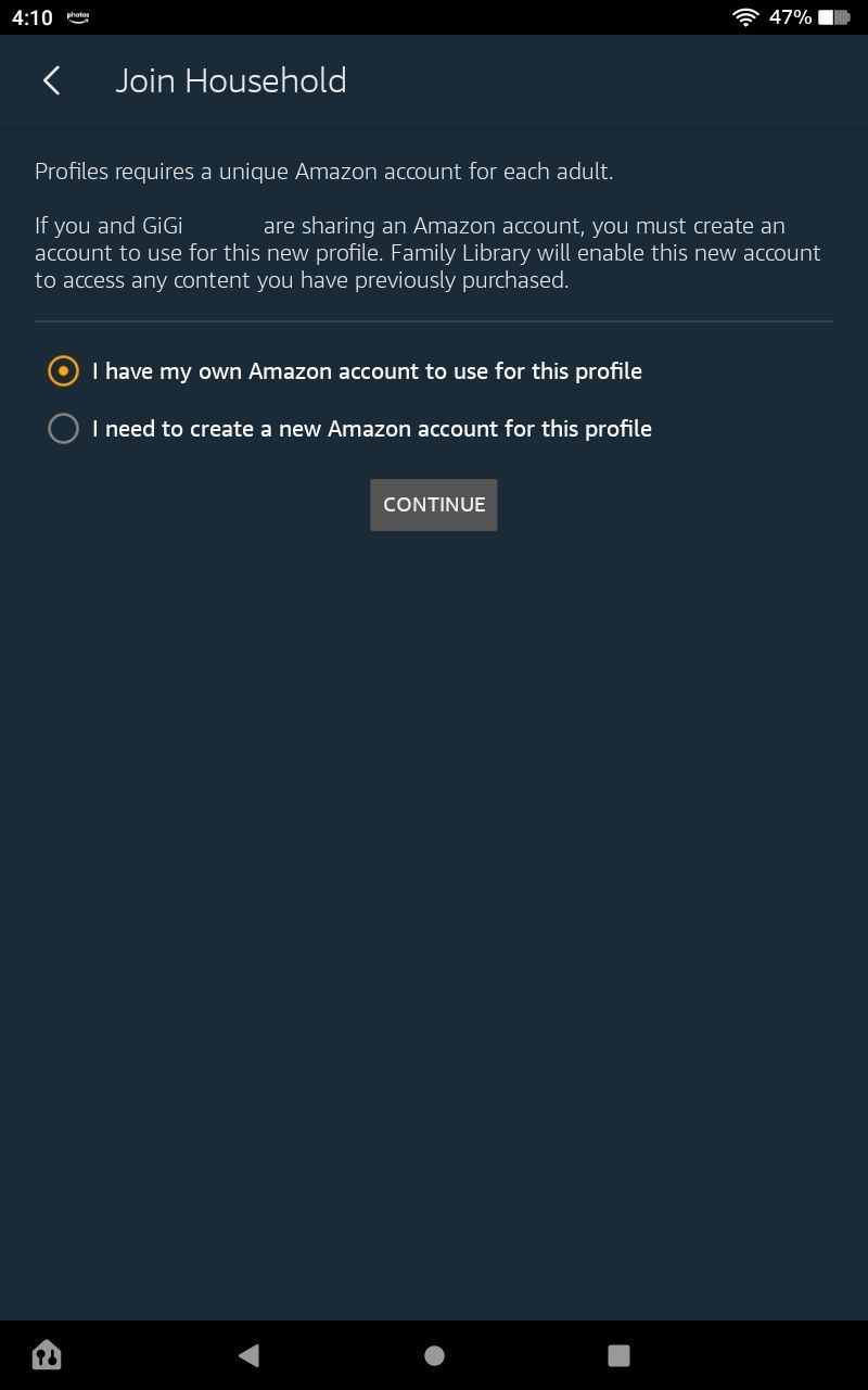 Screenshot for new Fire tablet user to select an Amazon account or create a new one.