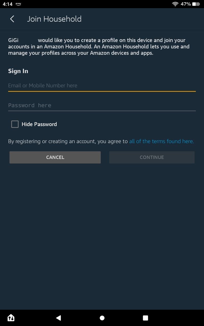 Screenshot of the Join Household sign-in screen on Fire tablet.