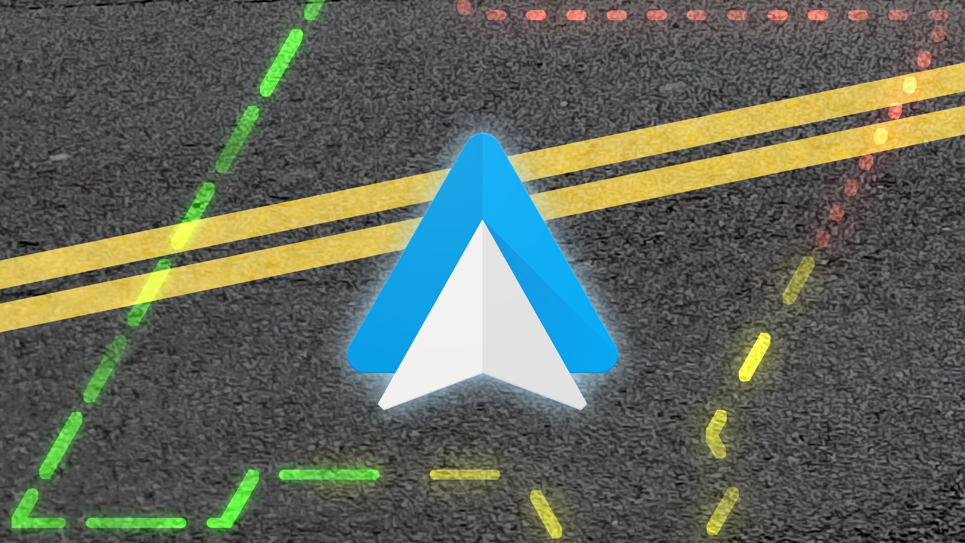 An Android Auto logo on a road with two solid yellow lines background with the Android Police logo in green, red, and yellow dotted lines