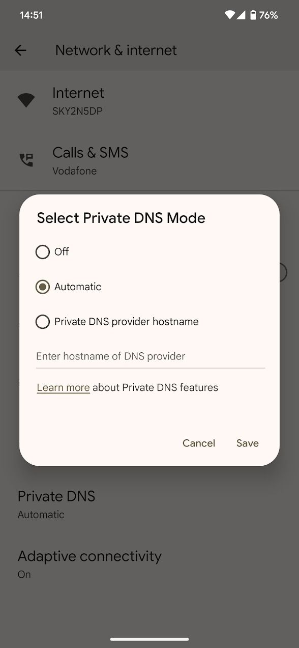 android private dns mode window
