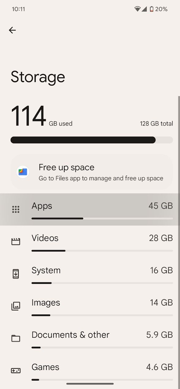 Android phone's settings menu showing storage use