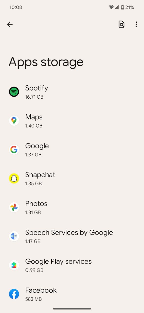 Android phone's settings menu showing apps storage