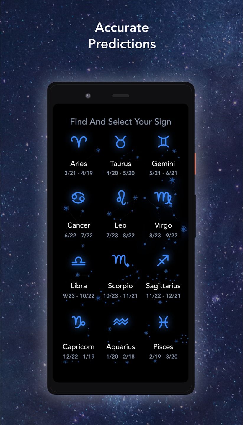 phone displaying star signs superimposed on starry background