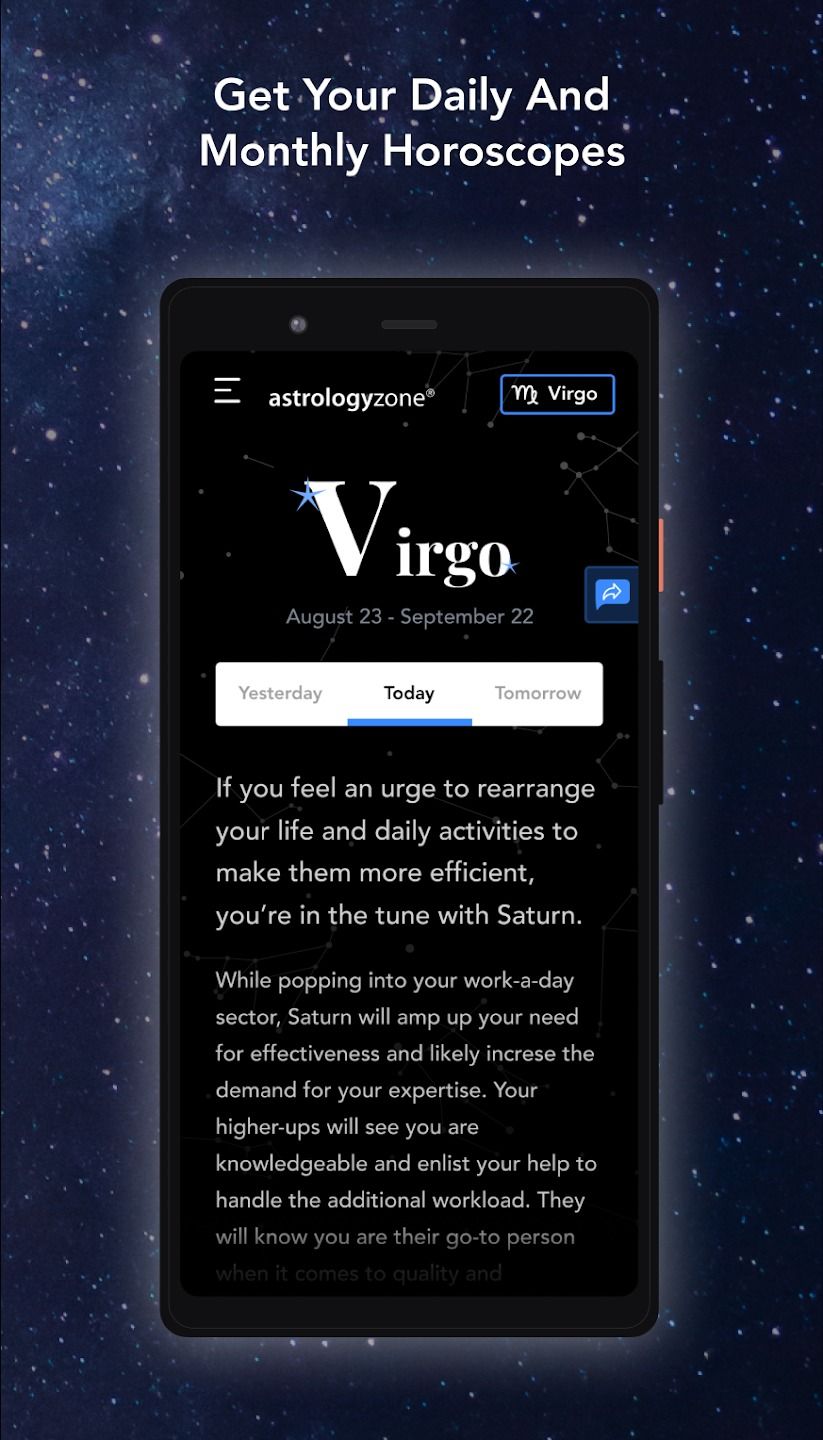 phone displaying explanation of virgo star sign superimposed on starry background