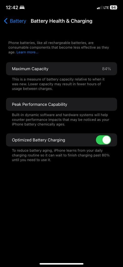 Battery Health and Charging menu on iPhone