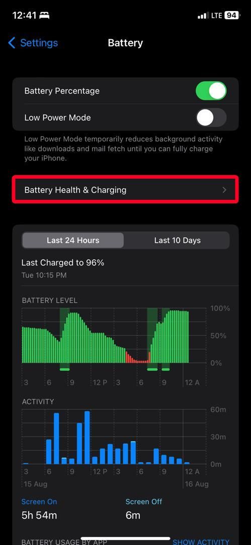 Battery menu on iPhone