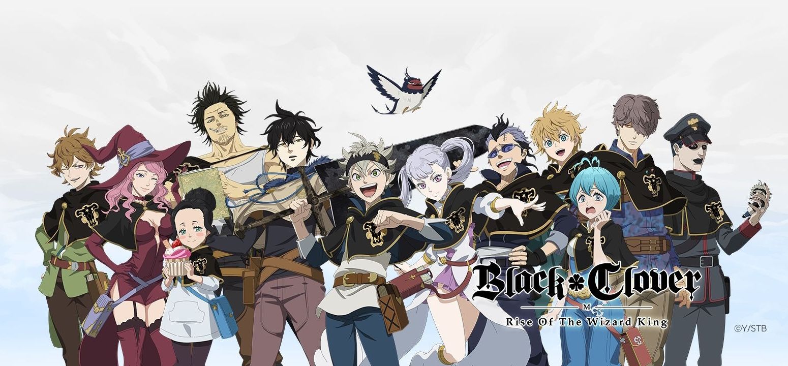 Hero image displaying cast of Black Clover character standing in a line