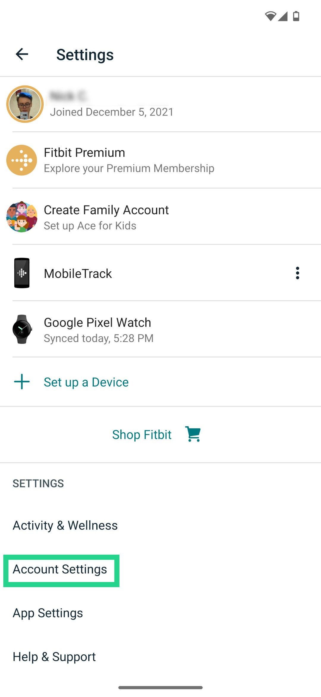 The Fitbit app's settings screen, with 'Account Settings' highlighted.