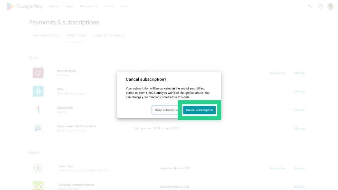 A subscription confirmation dialog in the Google Play Store's desktop interface
