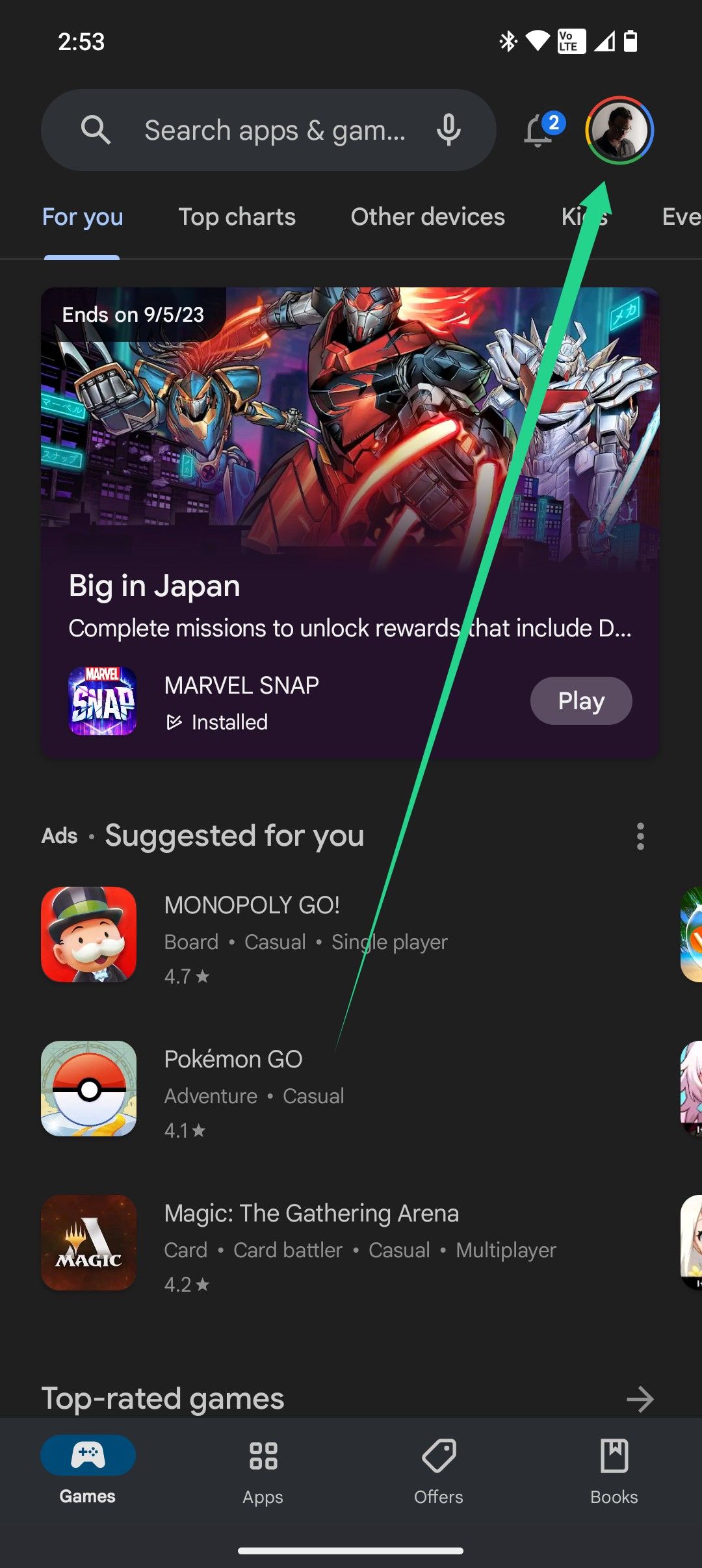 The Google Play Store with an arrow pointing to the account menu.