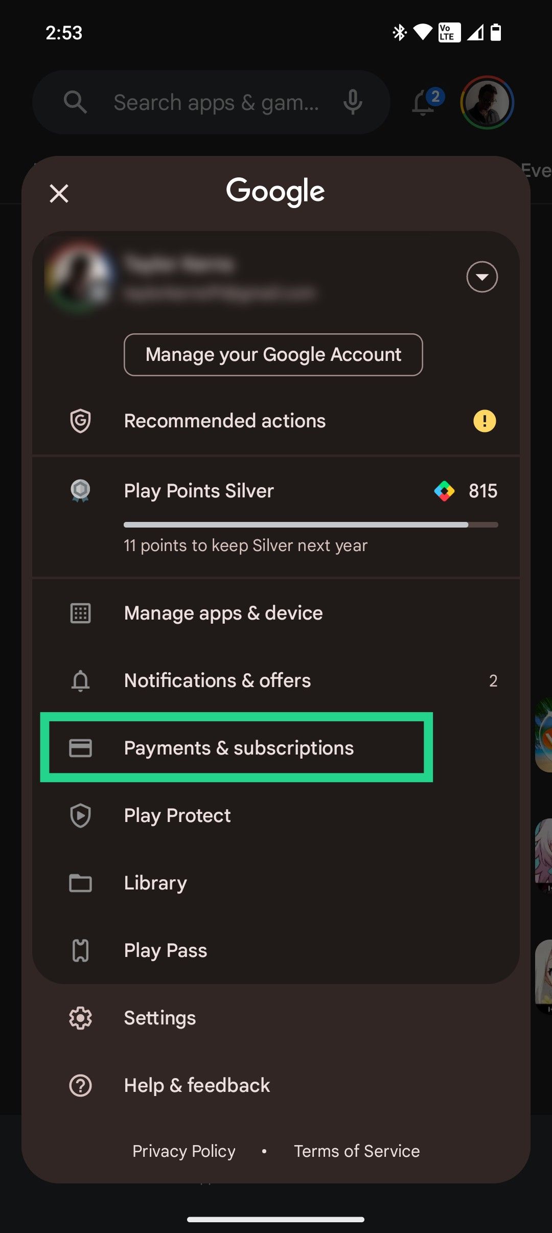 The account menu in the Google Play Store, with 'Payments & subscriptions' highlighted