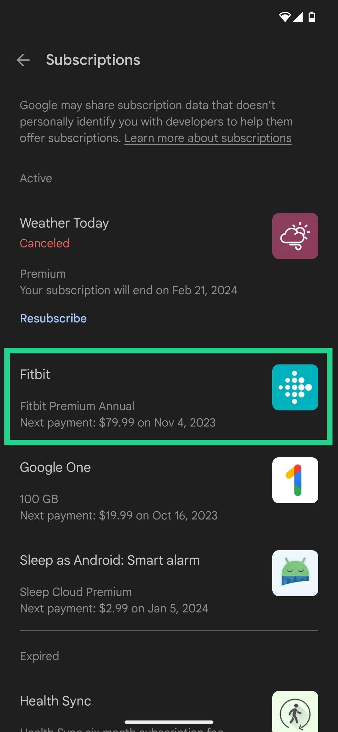 The Google Play Store's Subscriptions menu, with Fitbit highlighted