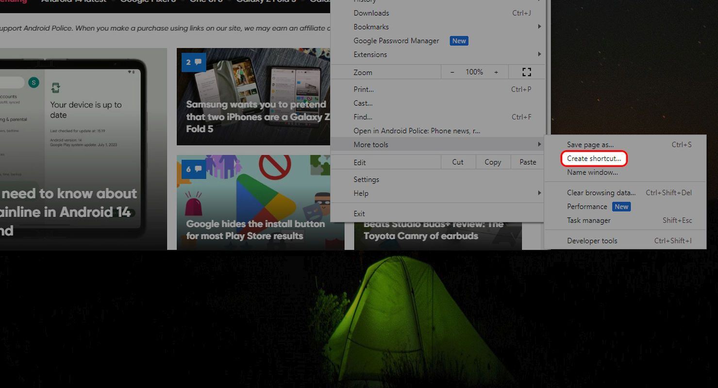 Google Chrome Windows 10 More tools menu highlighting the Create shortcut option