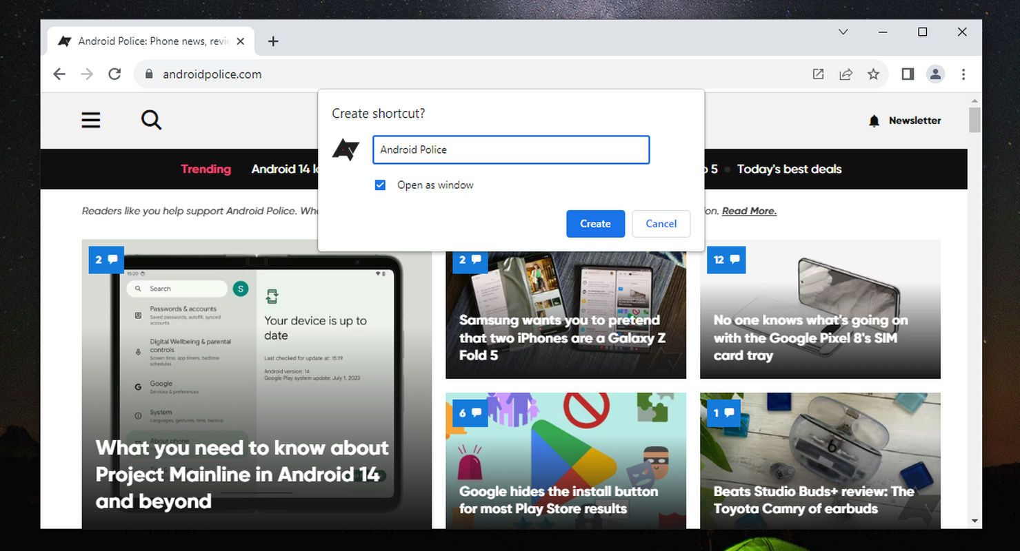 Google Chrome Windows 10 Create shortcut dialogue
