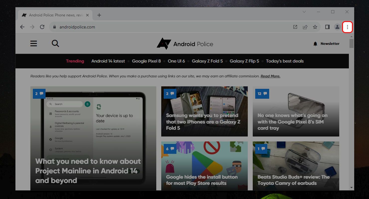Google Chrome Windows 10 webpage highlighting the three-dot menu
