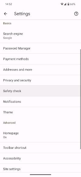 screenshot of Chrome android app settings menu