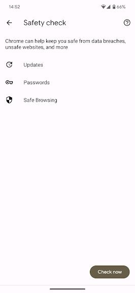 screenshot of Chrome android app safety check menu