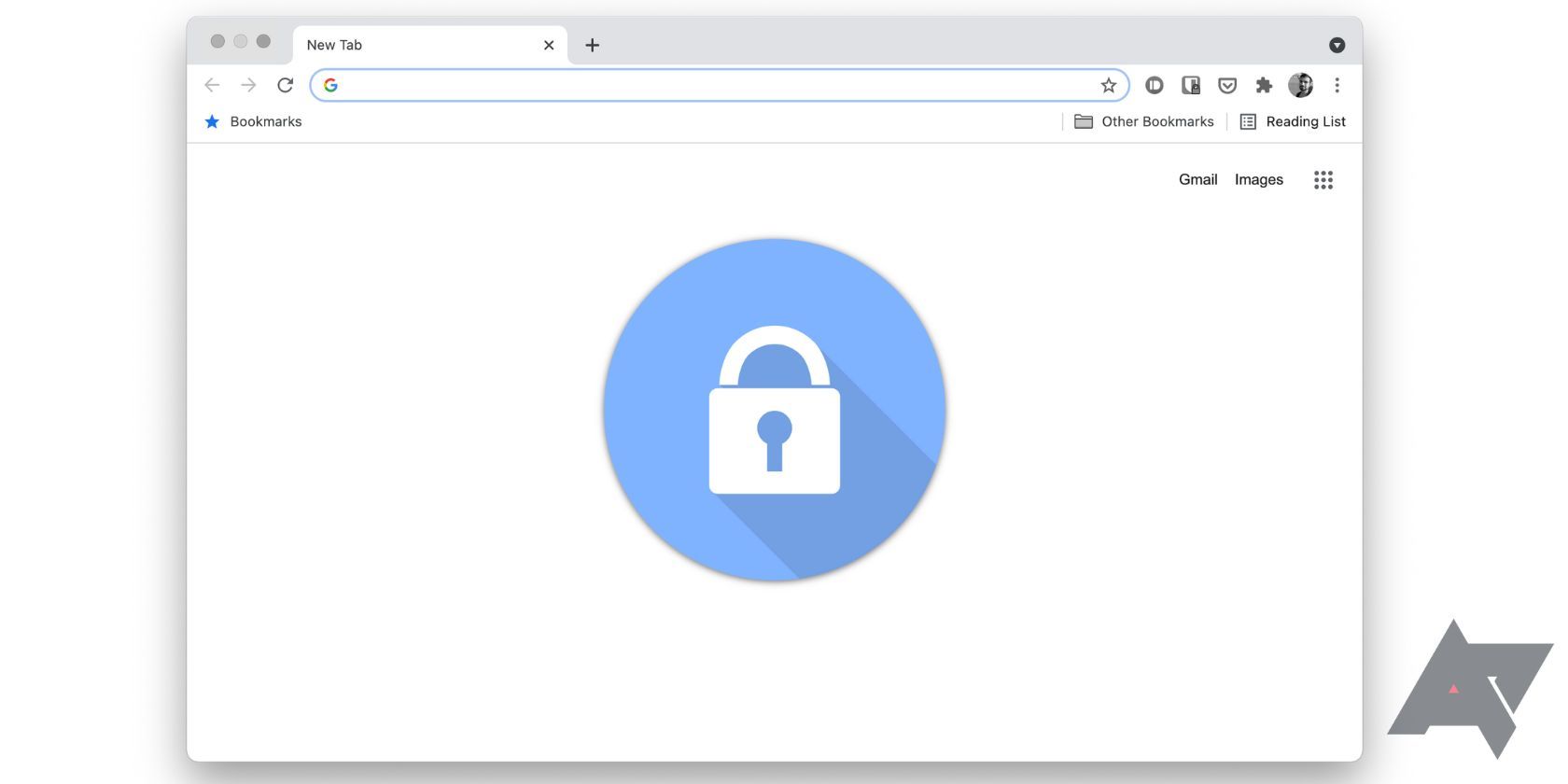 a padlock symbol inside a blue circle on a google chrome new tab page