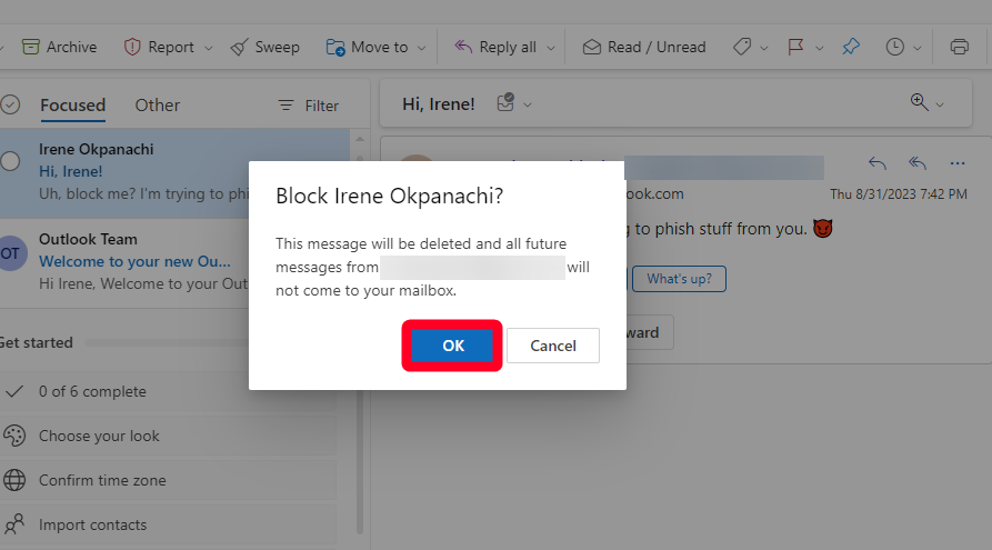 Affirmation pop up for blockading someone on Outlook