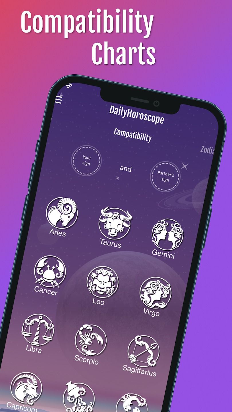 phone displaying star signs on a purple and pink gradient background