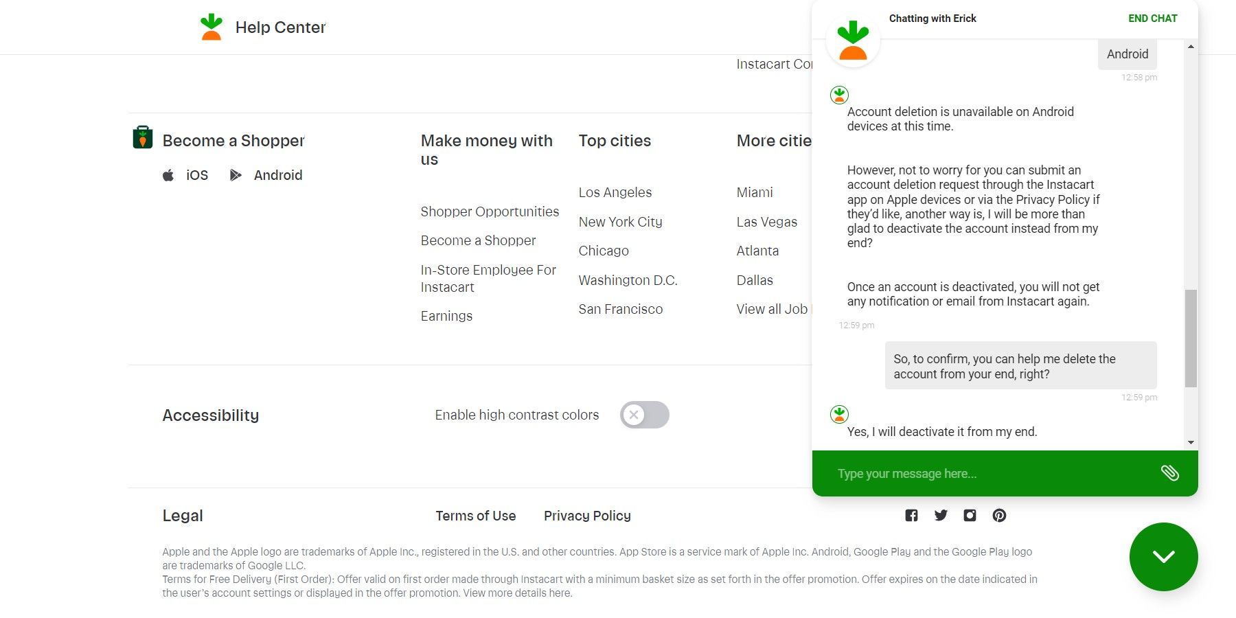 Instacart live chat