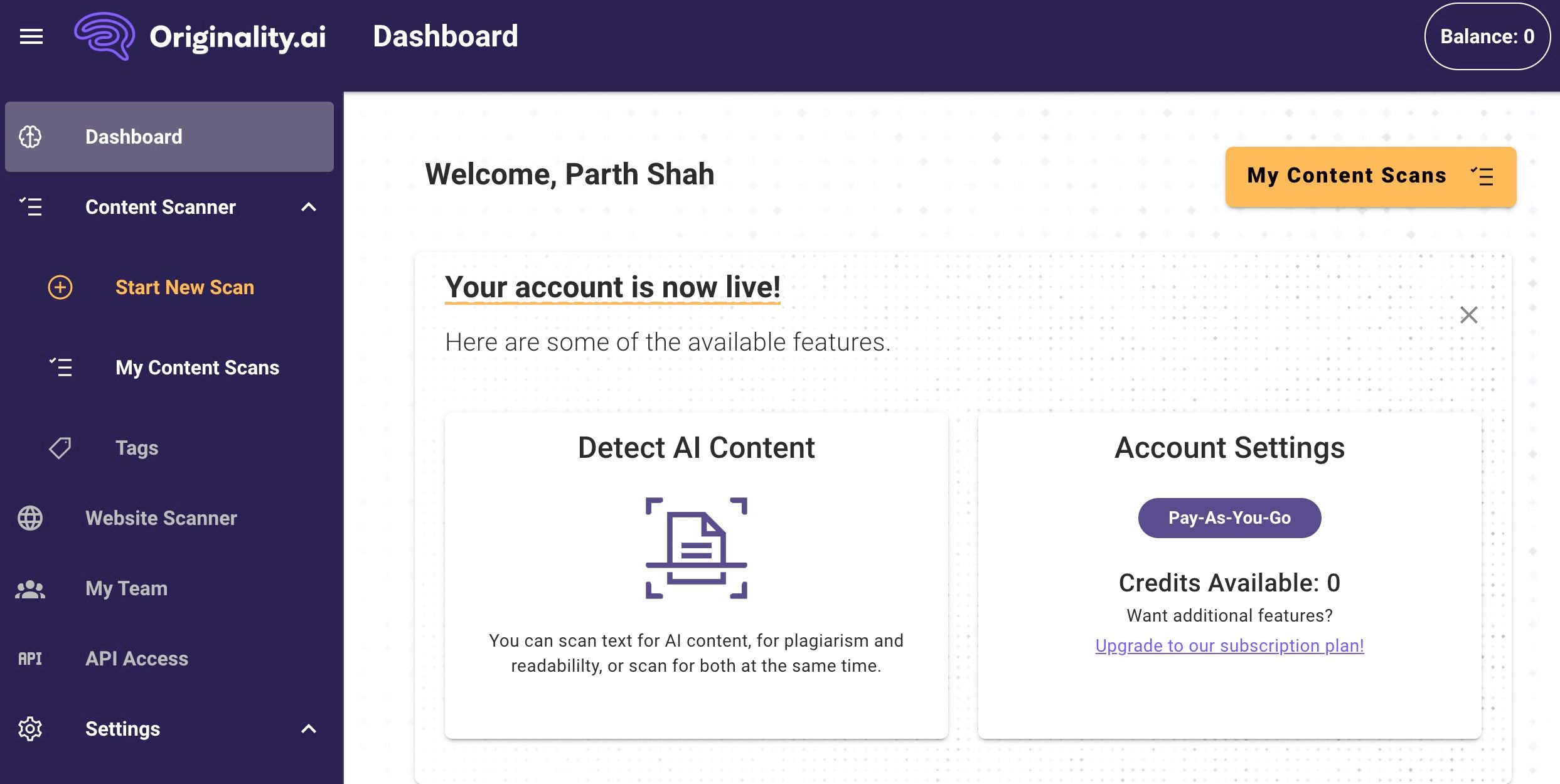 The Originality.ai dashboard
