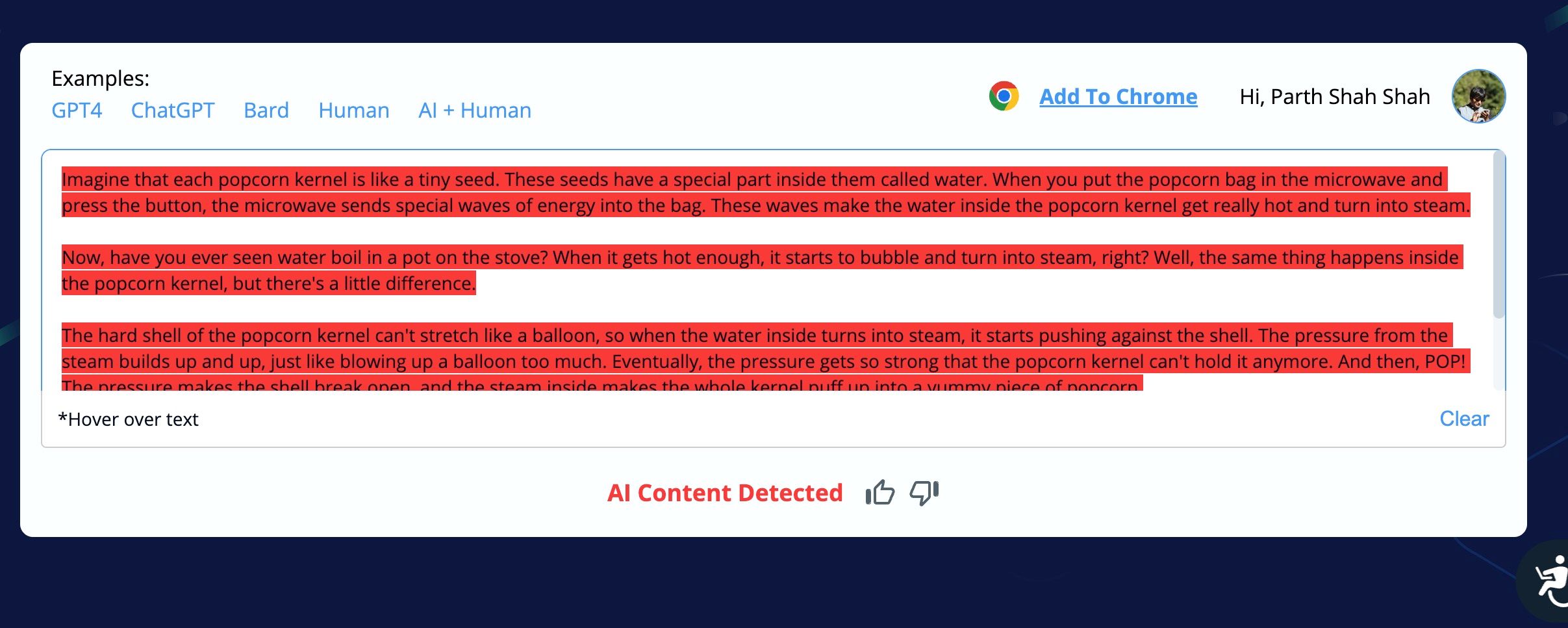 The Copyleaks interface that detects ai-generated stammer