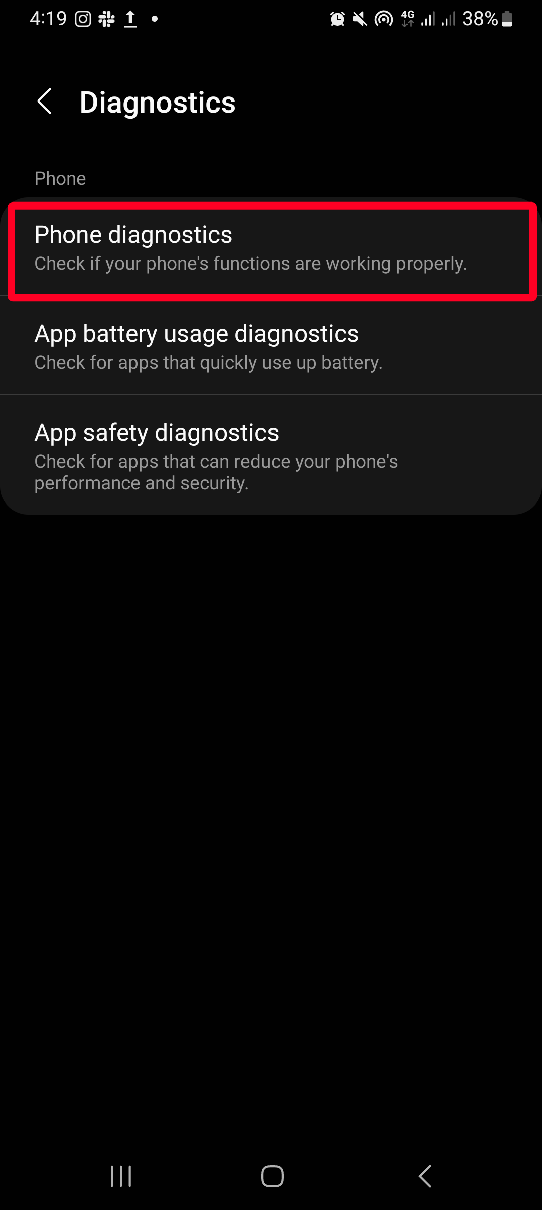 A screenshot of the Diagnostics menu in the Samsung Members app