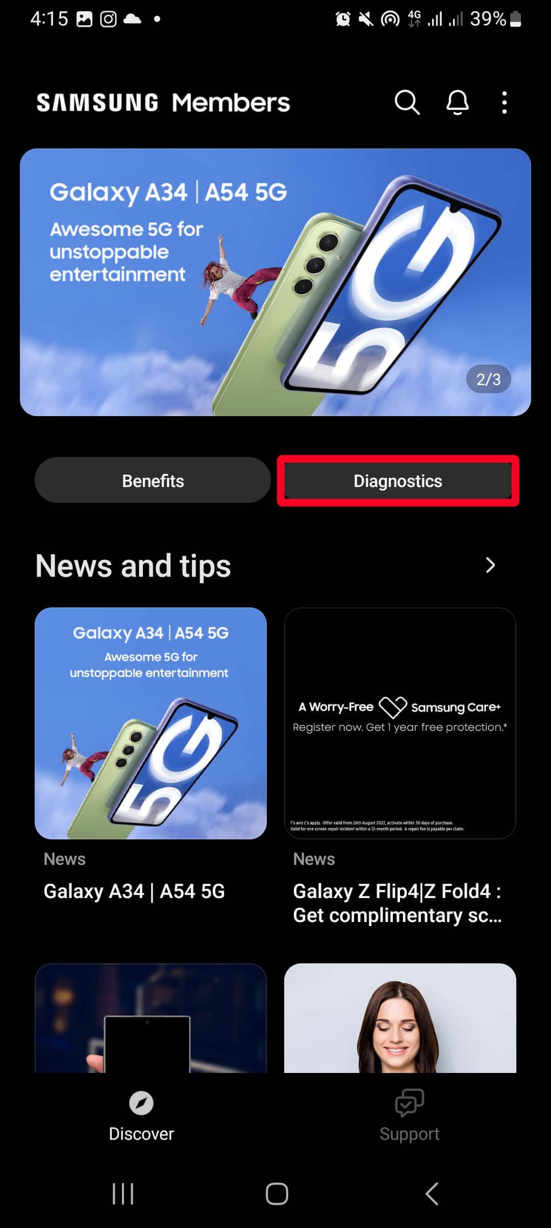 Screenshot of the Discover menu in the Samsung Members app