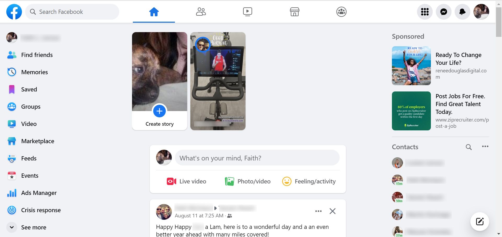 Preview of a Facebook homepage for a logged in consumer on Google Chrome