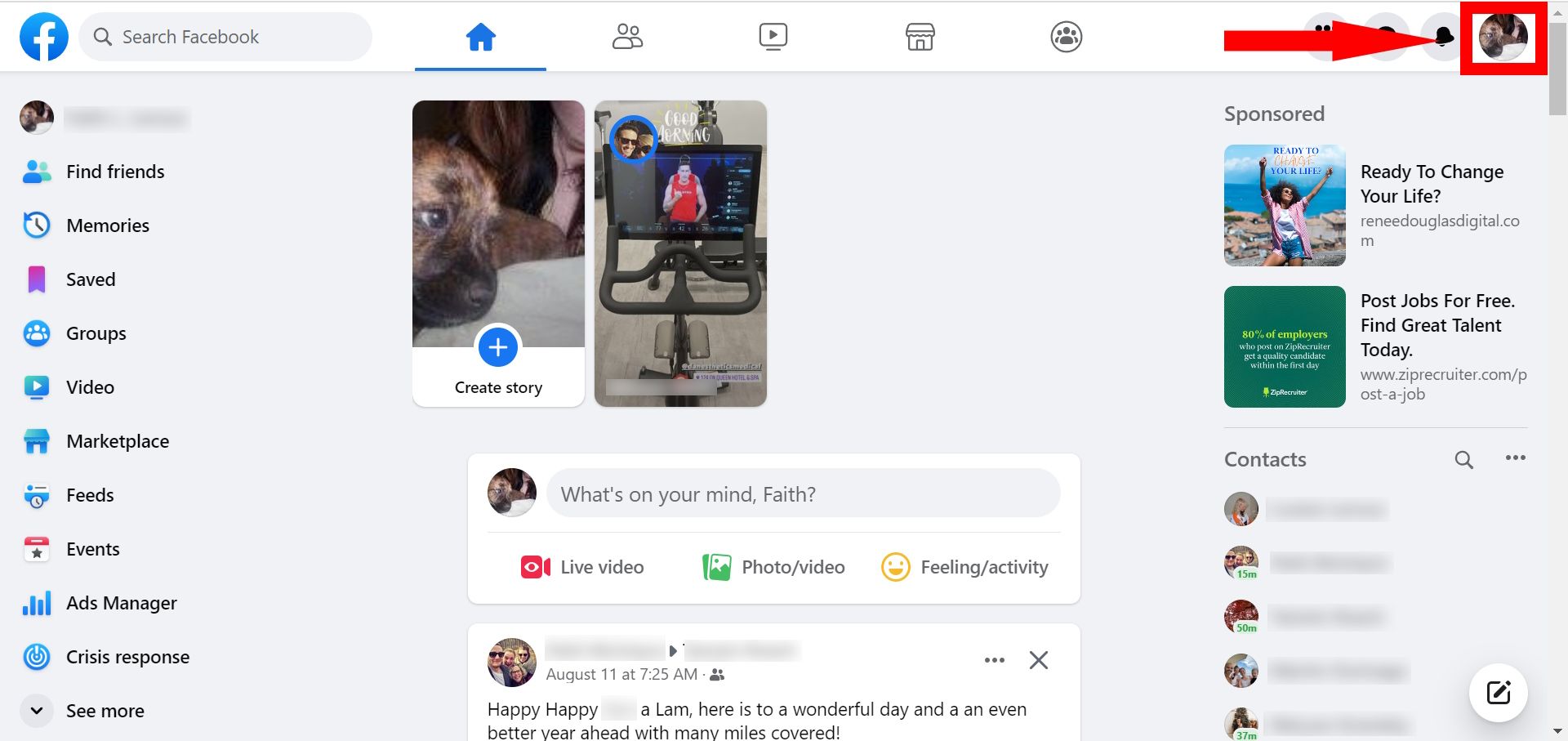 Red sturdy arrow pointing to red square justify at profile describe icon top factual on Facebook homepage