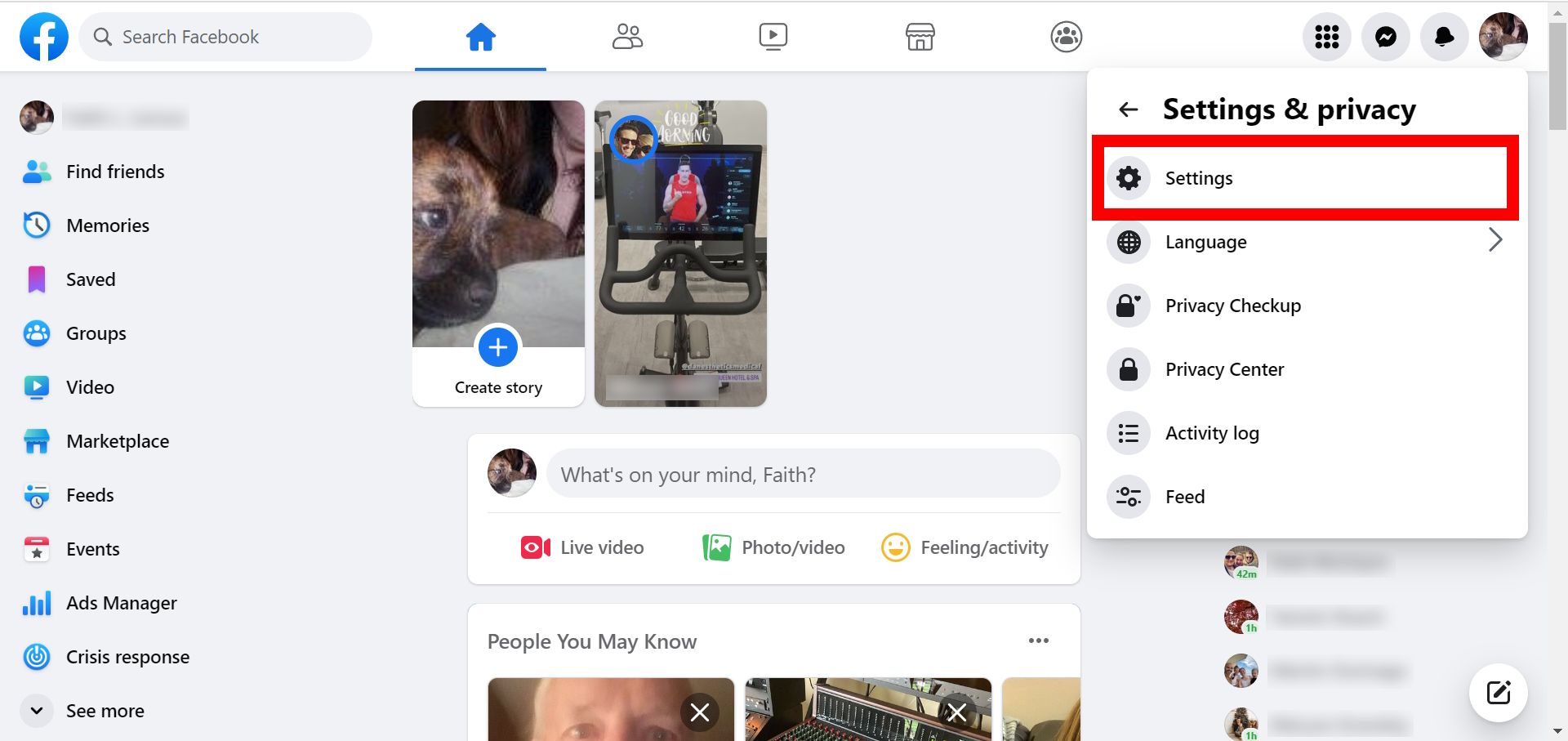 Red rectangle justify over settings in the Facebook plunge down menu