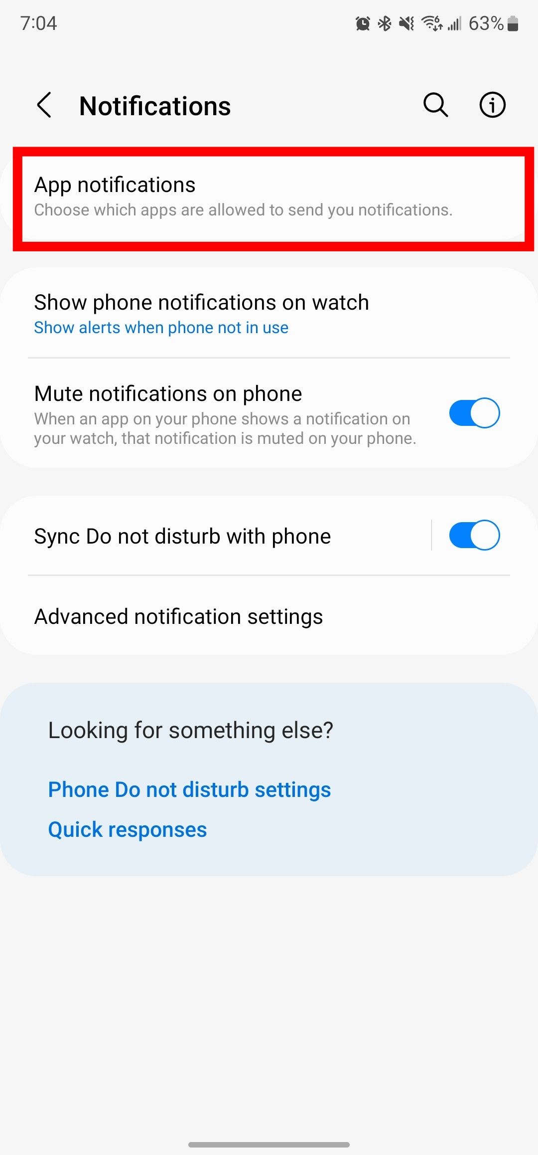 The Galaxy Wearable mobile app, with the App notifications settings option highlighted