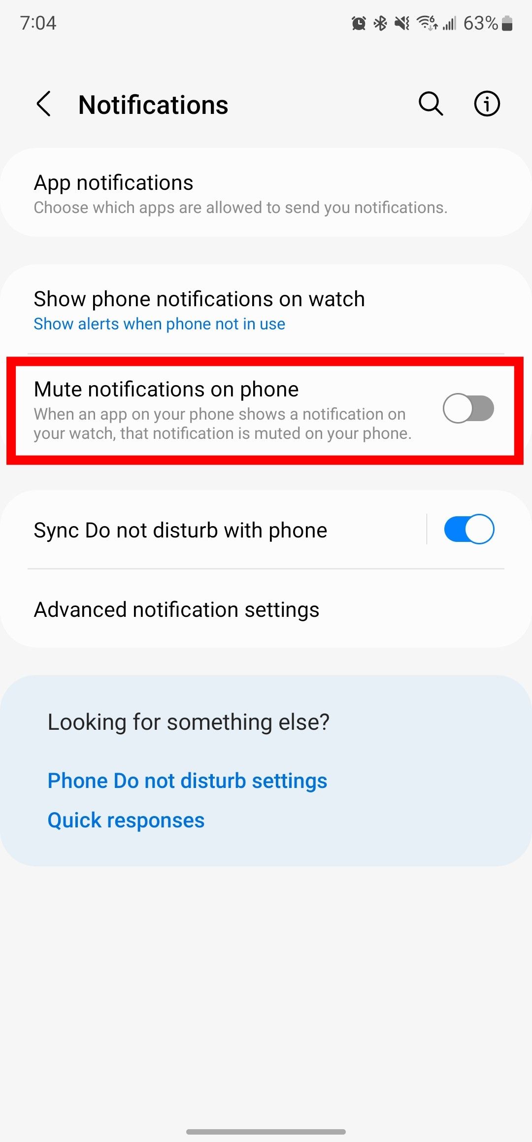 The Galaxy Wearable mobile app, with the Mute notifications on phone option highlighted.