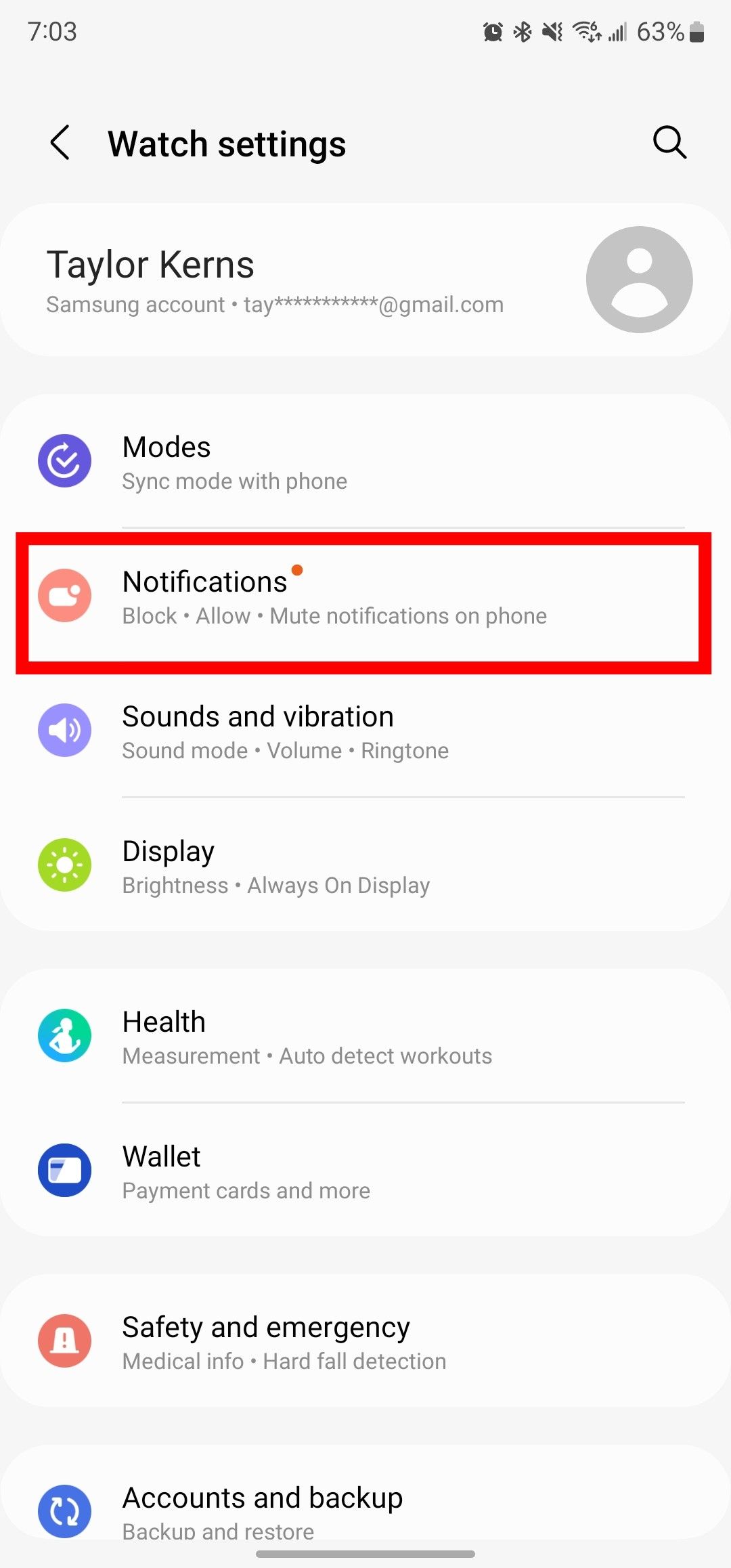 The Galaxy Wearable mobile app, with the Notifications option highlighted.