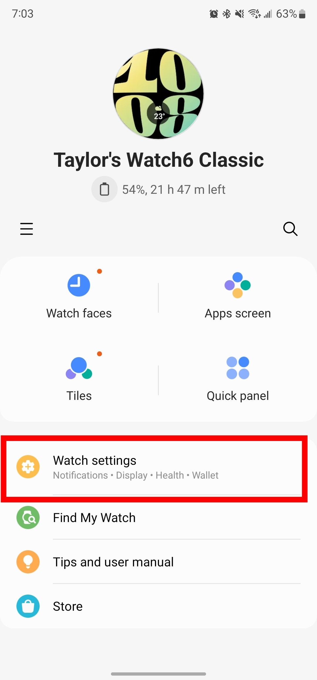 The Galaxy Wearable mobile app, with the Watch settings option highlighted.