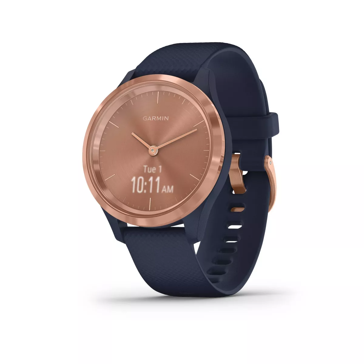 Garmin Vivomove 3s with a rose gold bezel positioned at an angle