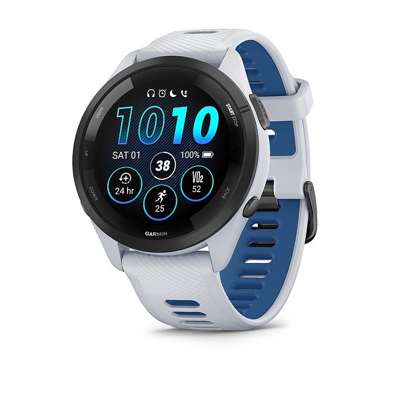 garmin watch 265 blue and white at an angle