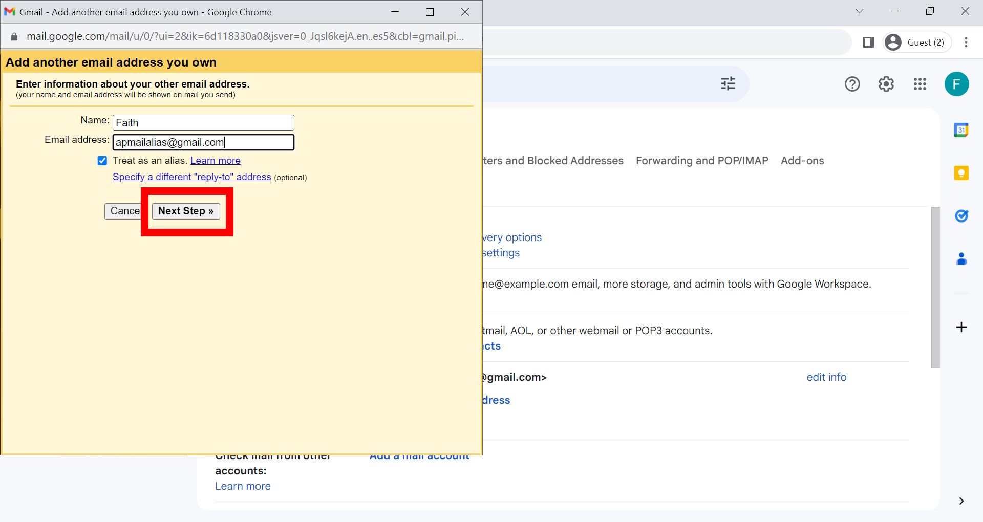 Red rectangle over Next Step button in Add another email address you own window