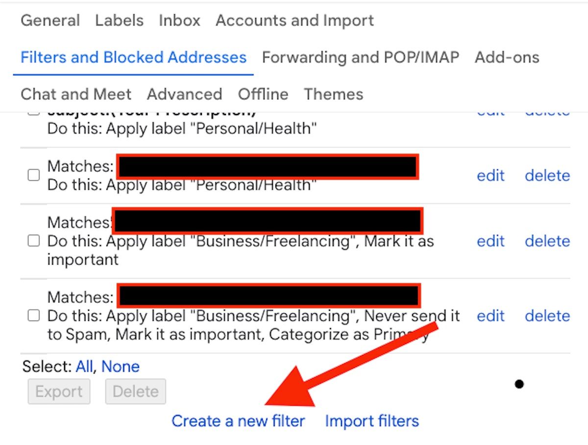 The web-based Gmail Filters and blocked addresses menu with a red arrow pointing at the Create a new filter option at the bottom of the screen.