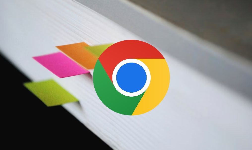 Google Chrome logo on a book that has bookmarks attached to pages.