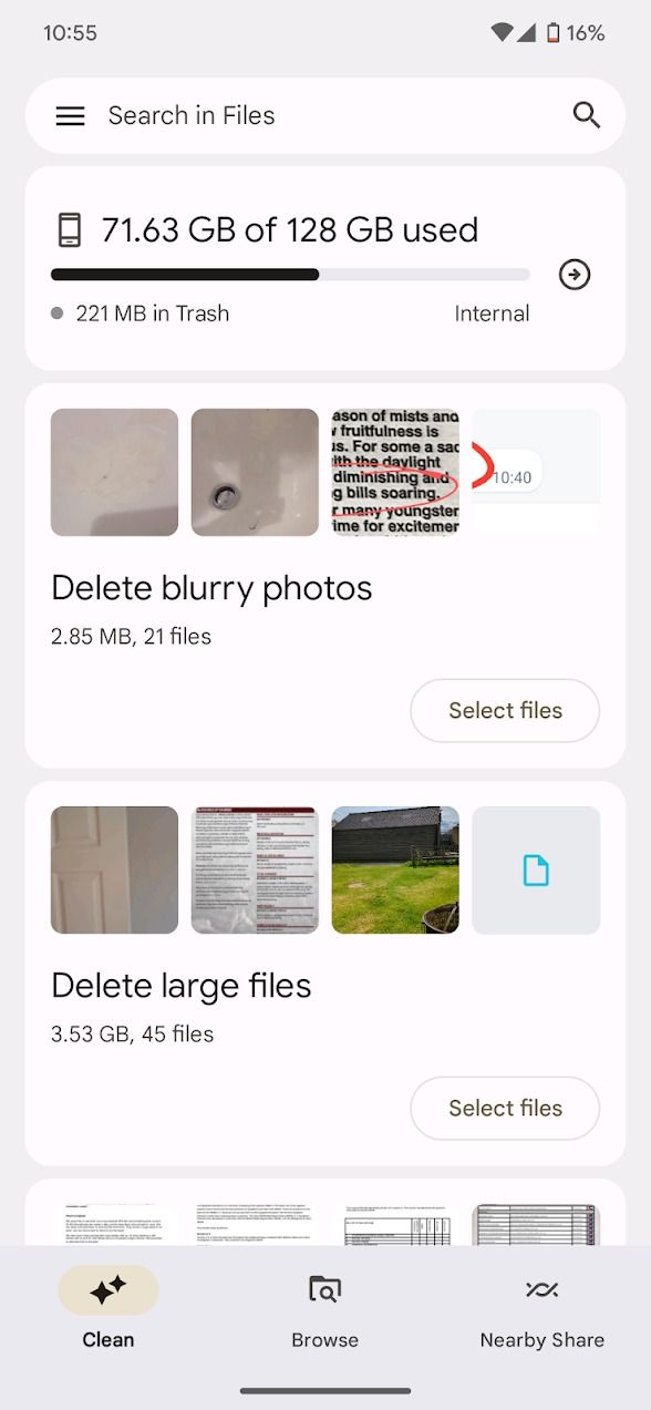 google files app showing clean up options